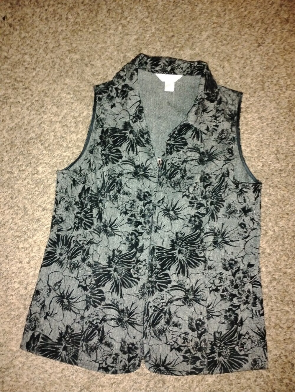 Christopher & Banks Women's Size Medium Gray Black Floral Zip-Up Vest Top